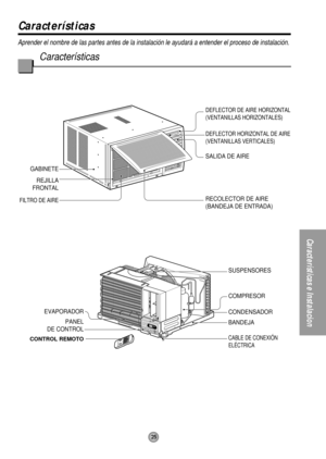 Page 2525
Características e Instalacion
Aprender el nombre de las partes antes de la instalación le ayudará a entender el proceso de instalación.
Características
Características
GABINETE
REJILLA
FRONTAL
FILTRO DE AIRERECOLECTOR DE AIRE
(BANDEJA DE ENTRADA) SALIDA DE AIRE
DEFLECTOR HORIZONTAL DE AIRE
(VENTANILLAS VERTICALES) DEFLECTOR DE AIRE HORIZONTAL
(VENTANILLAS HORIZONTALES)
EVAPORADOR
CABLE DE CONEXIÓN
ELÉCTRICA
BANDEJA CONDENSADOR COMPRESOR SUSPENSORES
PANEL
DE CONTROL
CONTROL REMOTO 