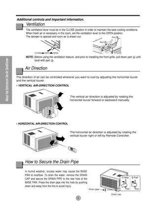 Page 6VENT CLOSE
OPEN
Par tA
Par tB
Drain pipe
Drain cap
6
About the Controls on the Air Conditioner
Additional controls and important information.
Ventilation
The ventilation lever must be in the CLOSE position in order to maintain the best cooling conditions.
When fresh air is necessary in the room, set the ventilation lever to the OPEN position. 
The damper is opened and room air is drawn out.
NOTE:Before using the ventilation feature, and prior to installing the front grille, pull down part 
until
level...