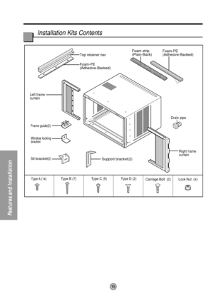 Page 10Foam-PE
(Adhesive-Backed)Foam-PE
(Adhesive-Backed)
Type C (5) Type D (2)Type A (14)Carriage Bolt  (2) Lock Nut  (4)
Top retainer bar
Type B (7)
Foam strip
(Plain-Back)
Right frame 
curtain Drain pipe
Window locking
bracket
Left frame 
curtain
Frame guide(2)
Sill 
bracket(2)Support bracket(2)
10
Features and Installation
Installation Kits Contents 