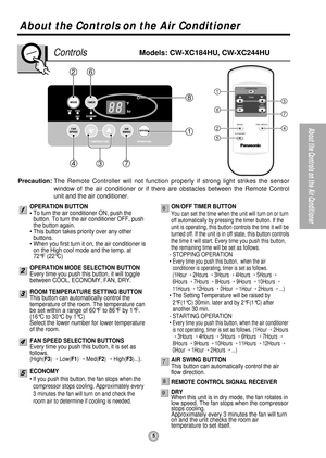 Page 55
About the Controls on the Air Conditioner
OPERATION
TEMP
TIMERAIR
SWING
MODE
ECONOMYFAN SPEED1
6
24
5
3
7
26
1
8
473
About the Controls on the Air Conditioner
ControlsModels: CW-XC184HU, CW-XC244HU
OPERATION BUTTON
•To turn the air conditioner ON, push the
button. To turn the air conditioner OFF, push
the button again.
•This button takes priority over any other
buttons.
•When you first turn it on, the air conditioner is
on the High cool mode and the temp. at
72°F(22°C)
OPERATION MODE SELECTION BUTTON...