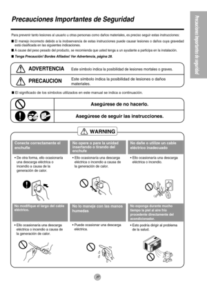 Page 27WARNING
27
Precauciones Importantes de seguridad
Precauciones Importantes de Seguridad
Para prevenir tanto lesiones al usuario u otras personas como daños materiales, es preciso seguir estas instrucciones:
El manejo incorrecto debido a la inobservancia de estas instrucciones puede causar lesiones o daños cuya gravedad
está clasificada en las siguientes indicaciones.
A cause del peso pesado del producto, se recomienda que usted tenga a un ayudante a participa en la instalación.
Tenga Precaución! Bordes...