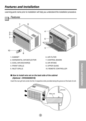 Page 91
85
3
2
6
TEMP
TEMPFDRYECONOMY
FA N
COOL
O
P
E
R
A
T
I
O
N O
P
E
R
A
T
I
O
NOFF/ONF
A
N
S
P
E
E
DTIMER MODE
TEMP
TEMPFDRYECONOMY
FAN
COOL
O
P
E
R
A
T
IO
N O
P
E
R
A
T
IO
NOFF/ONF
A
N
S
P
E
E
DTIMER MODE7
9
4
10
Wire netGroove
Features and Installation
9
Learning parts name prior to installation will help you understand the installation procedure.
Features
How to install wire net on the back side of the cabinet 
(Optional : CW353020031B)
Insert the rear grill wire ends into the 4 respective slots...