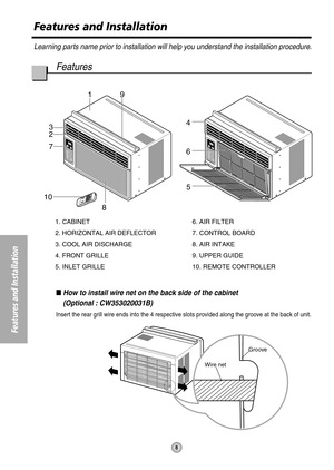 Page 88
Features and Installation
1
85
3
2
6
TEMP
TEMPFDRYECONOMY
FA N
COOL
O
P
E
R
A
T
I
O
N O
P
E
R
A
T
I
O
NOFF/ONF
A
N
S
P
E
E
DTIMER MODE
T
E
M
P T
E
M
PFDRYECONOMY
FAN
COOL
O
P
E
R
A
T
IO
N O
P
E
R
A
T
I
O
NOFF/ONFAN
SPEEDTIMER MODE7
9
4
10
Wire netGroove
Learning parts name prior to installation will help you understand the installation procedure.
Features
How to install wire net on the back side of the cabinet 
(Optional : CW353020031B)
Insert the rear grill wire ends into the 4 respective slots...