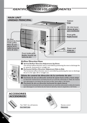 Page 1412
Front intake grille
Rejilla frontal de
toma de aire
Air filter
(behind the front
intake grille)
Filtro de aire
(detras de la
rejilla frontal de
toma de aire)
MAIN UNIT
UNIDAD PRINCIPAL
PART IDENTIFICATION
IDENTIFICACIÓN DE LOS COMPONENTESPART IDENTIFICATION
IDENTIFICACIÓN DE LOS COMPONENTES
Airflow Direction Vane
aVertical Airflow Direction Adjustment Up-Down
The vertical airflow direction vane is controlled by positioning the vane to discharge the
air upwards, downwards or straight out.
bHorizontal...