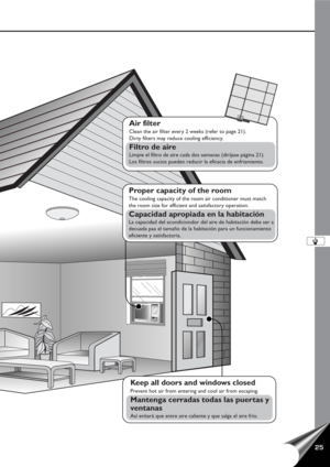 Page 2725
PanasonicOFF/ONO
P
E
R
A
T
I
O
NT
E
M
P
/
T
I
M
E
RCOOL
FAN
HIGH
MED
LOWMODE
FAN SPEEDS
E
TTIMERS
E
T
/
C
A
N
C
E
Lhr FE
C
O
N
O
M
YW
i
r
e
l
e
s
sRemote Control
Air filter
Clean the air filter every 2 weeks (refer to page 21).
Dirty filters may reduce cooling efficiency.
Filtro de aire
Limpie el filtro de aire cada dos semanas (diríjase página 21).
Los filtros sucios pueden reducir la eficacia de enfriamiento.
Keep all doors and windows closed
Prevent hot air from entering and cool air from...