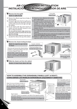 Page 108
O
F
F
/
O
NO
P
E
R
A
T
I
O
NT
E
M
P
/
T
I
M
E
RC
O
O
L
F
A
N
H
I
G
H
M
E
D
L
O
WMODEFAN SPEEDS
E
TT
I
M
E
RSET/
CANCELh
r FECONOMYWirelessR
e
m
o
t
e
 
C
o
n
t
r
o
l
O
F
F
/O
NO
P
E
R
A
T
I
O
NTEMP/TIMERCOOL
FAN
HIGH
MED
LOWMODEF
A
N
 
S
P
E
E
DSETTIMERS
ET
/
CA
NC
ELhr FE
C
O
N
O
M
YWirelessRemote Control
AIR CONDITIONER INSTALLATION
INSTALACIÓN DEL ACONDICIONADOR DE AIREAIR CONDITIONER INSTALLATION
INSTALACIÓN DEL ACONDICIONADOR DE AIRE
HOW TO ASSEMBLE THE EXPANDABLE PANELS (LEFT & RIGHT)
COMO ARMAR...