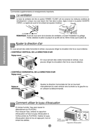 Page 24Instructions de fonctionnement
PièceB
Pièce A
Tuyau 
dévacuation
Capuchon dévacuation
VENT CLOSE
OPEN
Réglage manuel
Réglage manuel
Réglage par
télécommande
24
Commandes supplémentaires et renseignements importants.
La ventilation
Le levier de ventilation doit être en position FERMÉE (“CLOSE”) afin de conserver les meilleures conditions de
refroidissement. Lorsque vous avez besoin dair frais dans la pièce, réglez le levier à la position OUVERTE
(“OPEN”). Le registre est ouvert et lair ambiant est expulsé...