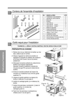 Page 28NO. NOM DE LA PIÈCE QTÉ
1 PANNEAUX COULISSANTS 2
2ANCRAGE DE LAPPUI-FENÊTRE2
3 BOULON 2
4ÉCROU 2
5 VIS(TYPE A) 16
6 VIS(TYPE B) 3
7 VIS(TYPE C) 5
8BANDE DE MOUSSE1
9GUIDE SUPÉRIEUR1
10
FIXATION DE MOUSSE DE TYPE PE 
(466mm x 10mm x 2mm)1
11 CADRAGE-GUIDE 2
12PATTE DE FIXATION1
13FIXATION DE MOUSSE DE TYPE PE (920mm x 30mm x 2mm)1
14 TUYAU DÉVACUATION 1
Instructions dinstallation
9
10
9
5
5
5
11
11
(Type A)
(Type A)
13
Vis dexpédition
1234
813765
9
12
1411
10
PRÉPARATIFS DU CHÂSSIS
1. Retirez les vis qui...