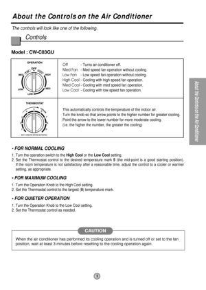 Page 55
About the Controls on the Air Conditioner
About the Controls on the Air Conditioner
The controls will look like one of the following.
Controls
When the air conditioner has performed its cooling operation and is turned off or set to the fan
position, wait at least 3 minutes before resetting to the cooling operation again.
Off- Turns air conditioner off.
Med Fan- Med speed fan operation without cooling.
Low Fan- Low speed fan operation without cooling.
High Cool- Cooling with high speed fan operation....