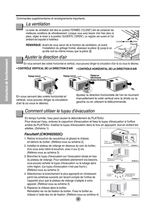 Page 27Instructions de fonctionnement
PièceB
Pièce A
Tuyau 
dévacuation
Capuchon dévacuation
VENT CLOSE
OPEN
Réglage manuelRéglage manuelRéglage par
télécommande
(Modele:CW-XC84HU)
Appuyez Pendez
O
F
F
/
O
NO
P
ER
A
T
I
O
NTEMP/TIMERC
O
O
L
F
A
N
H
I
G
H
M
E
D
L
O
WM
O
D
E
F
A
N 
S
P
E
E
DSETT
I
MERS
E
T
/
C
A
N
C
E
LA
I
R 
S
W
I
N
GECONOMYh
r FW
i
re
l
e
s
sR
e
m
o
t
e
 C
o
n
t
ro
l
Retirez le bouchon de 
caoutchouc
Schéma 4 Schéma 3 Schéma 2 Schéma 1
PLATEAU DE 
VIDANGETUYAU DÉVACUATION 
Le diamètre intérieur...