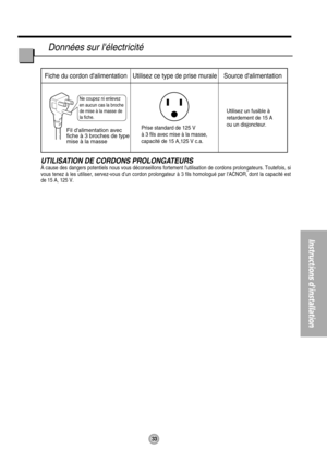 Page 3433
Instructions dinstallation
Ne coupez ni enlevez 
en aucun cas la broche
de mise à la masse de 
la fiche.
Fiche du cordon dalimentation Utilisez ce type de prise murale Source dalimentation
Fil dalimentation avec
fiche à 3 broches de type
mise à la massePrise standard de 125 V
à 3 fils avec mise à la masse,
capacité de 15 A,125 V c.a.Utilisez un fusible à
retardement de 15 A
ou un disjoncteur.
Données sur lélectricité
UTILISATION DE CORDONS PROLONGATEURSÀ cause des dangers potentiels nous vous...