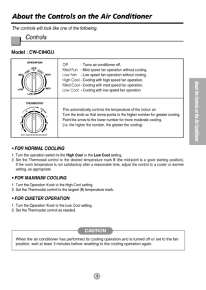 Page 55
About the Controls on the Air Conditioner
About the Controls on the Air Conditioner
The controls will look like one of the following.
Controls
When the air conditioner has performed its cooling operation and is turned off or set to the fan
position, wait at least 3 minutes before resetting to the cooling operation again.
Off- Turns air conditioner off.
Med Fan- Med speed fan operation without cooling.
Low Fan- Low speed fan operation without cooling.
High Cool- Cooling with high speed fan operation....