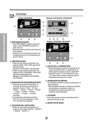 Page 43Modelo: CW-XC80HU
Modelo: CW-XC84HU
Modelos: CW-XC64HU, CW-XC84GUModelos: CW-XC64HK, CW-XC84HK
ECONOMYFA NCOOL
DRY
hrF
OPERATION OPERATION TEMP TEMP
TIMERMODEOFF/ON
FA N
SPEEDFA N
SPEED
1
8
4
325
TIMERFA N ECONOMYCOOL
DRY
TIMER TIMERMODE
MODEOFF/ON
FA N
SPEED
AIR
SWINGAIR
SWING
F
hr
4
1
7
8
325
4
1
3625
8
OPERATION
TEMP
TIMERAIR
SWINGAIR
SWINGFA N ECONOMYCOOL
DRY
TIMER TIMERMODE
MODEOFF/ON
F
hr
FA N
SPEED4
1
8
325
OPERATION
TEMP
42
Instrucciones de Funcionamiento
Controles
ENECNDIDO/APAGADO
• Para...