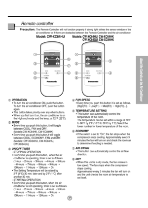 Page 7OPERATION
TEMP
TIMERAIR
SWING
MODE
ECONOMYFAN SPEED1
3
24
6
5
7
OPERATION
TEMP
TIMER
MODE
ECONOMYFAN SPEED1
3
24
6
5
Model: CW-XC84HUModels: CW-XC64HU, CW-XC64HK
  CW-XC84GU, CW-XC84HK
7
About the Controls on the Air Conditioner
Remote controller
OPERATION
• To turn the air conditioner ON, push the button. 
To turn the air conditioner OFF, push the button
again.
• This button takes priority over any other buttons.
• When you first turn it on, the air conditioner is on
the High cool mode and the temp. at...