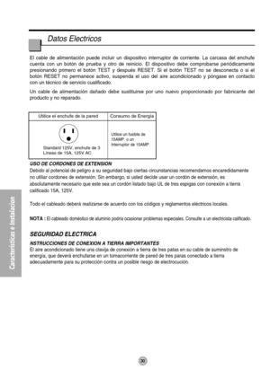 Page 3030
Características e Instalacion
Utilice el enchufe de la pared Consumo de Energía
Standard 125V, enchufe de 3
Líneas de 15A, 125V AC
Utilice un fusible de
15AMP. o un
Interruptor de 15AMP.
USO DE CORDONES DE EXTENSION
Debido al potencial de peligro a su seguridad bajo ciertas circunstancias recomendamos encaredidamente
no utiliar cordones de extensión. Sin embargo, si usted decide usar un cordón de extensión, es
absolutamente necesario que este sea un cordón listado bajo UL de tres espigas con conexión...