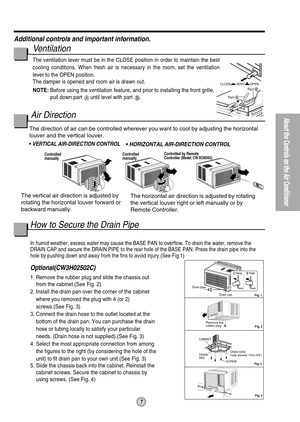 Page 77
About the Controls on the Air Conditioner
VENT CLOSE
OPEN
Par tA
Par tB
Drain pipe
Drain cap
Fig. 4 Fig. 3
Fig. 2
DRAIN
PA NDRAIN HOSE
Inside diameter 17mm (5/8)
Fig. 1
CABINET
SCREW
Controlled
manuallyControlled
manuallyControlled by Remote
Controller (Model: CW-XC85HU)
O
F
F
/
O
NO
P
ER
A
T
I
O
NTEMP/TIMERC
O
O
L
F
A
N
H
I
G
H
M
E
D
L
O
WM
O
D
E
F
A
N 
S
P
E
E
DSETT
I
MERS
E
T
/
C
A
N
C
E
LA
I
R 
S
W
I
N
GECONOMYh
r FW
i
re
l
e
s
sR
e
m
o
t
e
 C
o
n
t
ro
l
Remove therubber plug
O
F
F/
O
NO
P
E
R
A
T...