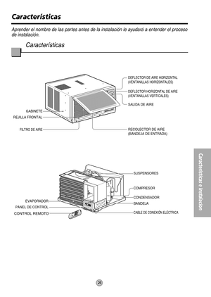 Page 25Características e Instalacion
25
RECOLECTOR DE AIRE
(BANDEJA DE ENTRADA) SALIDA DE AIRE
DEFLECTOR HORIZONTAL DE AIRE
(VENTANILLAS VERTICALES) DEFLECTOR DE AIRE HORIZONTAL
(VENTANILLAS HORIZONTALES)
GABINETE
REJILLA FRONTAL
FILTRO DE AIRE
CABLE DE CONEXIÓN ELÉCTRICA
BANDEJA CONDENSADOR COMPRESOR SUSPENSORESEVAPORADOR
PANEL DE CONTROL
CONTROL REMOTO
E
C
O
N
O
M
YF
ANC
O
O
L
D
RYhr FO
P
E
R
AT
IO
N T
E
M
P T
E
M
PT
I
M
E
RM
O
D
EO
F
F
/O
NF
AN
S
P
E
E
D F
AN
S
P
E
E
D
ECONOMYFA
NCOOL
DR
YhrF
OPERA
TION...