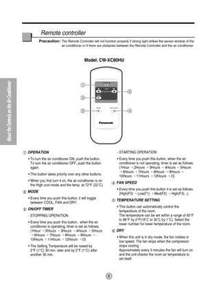 Page 6OPERATION
TEMP
TIMER
MODE FAN SPEED1
3
24
5
Model: CW-XC80HU
6
About the Controls on the Air Conditioner
Remote controller
OPERATION
• To turn the air conditioner ON, push the button. 
To turn the air conditioner OFF, push the button
again.
• This button takes priority over any other buttons.
• When you first turn it on, the air conditioner is on
the High cool mode and the temp. at 72°F (22˚C).
MODE
• Every time you push this button, it will toggle
between COOL, FAN and DRY. 
ON/OFF TIMER
- STOPPING...