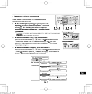 Page 107RU-7
RU
•
  Изменение таймера программы
Для установки еженедельной программы выполните 
приведенные ниже действия.
1.  Выберите программу, которую нужно установить 
в режиме подтверждения программы, и нажмите 
кнопку 
. При этом будет выполнен переход в 
режим установки отображаемой в данный момент 
программы.
*  В режиме установки программы на дисплее будет мигать индикация 
, «час», «минута» и «пункт».
2.  Установите параметр «час». (этап программы 1)
Воспользуйтесь кнопками 
 /  для установки...