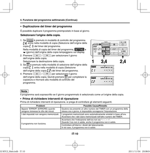 Page 54IT-10
•  Duplicazione del timer del programma
È possibile duplicare il programma preimpostato in base al giorno.
Selezionare l’origine della copia.
Nota 
Il programma sarà soprascritto se il giorno programmato è selezionato come un’origine della copia.
•  Prima di richiedere interventi di riparazionePrima di richiedere interventi di riparazione, si prega di controllare gli elementi seguenti.  
4. Funzione del programma settimanale (Continua)
3,4 12,4
1. Se  è premuto in modalità di controllo del...