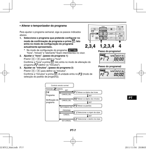 Page 65PT-7
PT
•  Alterar o temporizador do programa
Para ajustar o programa semanal, siga os passos indicados 
abaixo.
1.  Seleccione o programa que pretende conﬁ gurar no 
modo de conﬁ rmação de programa e prima 
. Isto 
entra no modo de conﬁ guração do programa 
actualmente apresentado.
*
  No modo de con guração do programa, 
, 
“hora”, “minuto” e “elemento”  cam intermitentes no visor.
2.  Ajustar a “hora”. (passo do programa 1)
Premir 
 /  para de nir a “hora”.
Con rme a “hora” e prima . Isto entra no...