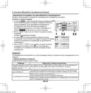 Page 82GR-10
• Δημιουργία αντιγράφου του χρονοδιακόπτη προγραμμάτωνΜπορείτε να δημιουργήσετε αντίγραφο του προκαθορισμένου προγράμματος ανά ημέρα. 
Επιλέξτε την πηγή αντιγραφής.
1. Αν πιέσετε 
 σε τρόπο λειτουργίας ελέγχου προγράμματος , 
γίνεται είσοδος στον τρόπο λειτουργίας αντιγραφής (επιλογή της 
πηγής αντιγραφής 
) του χρονοδιακόπτη προγραμμάτων. 
 Ενώ βρίσκεστε στον τρόπο λειτουργίας αντιγραφής του 
χρονοδιακόπτη προγραμμάτων, στην οθόνη αναβοσβήνουν οι 
ενδείξεις 
 και  (ημέρα) της πηγής αντιγραφής.
2....