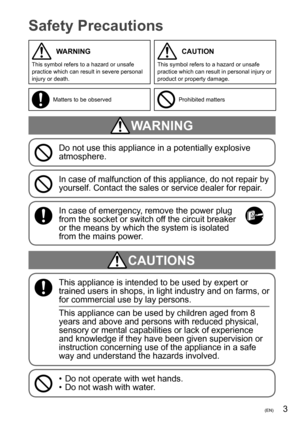 Page 33(EN)
Safety Precautions
CAUTIONS
This appliance is intended to be used by expert or 
trained users in shops, in light industry and on farms, or 
for commercial use by lay persons.
This appliance can be used by children aged from 8 
years and above and persons with reduced physical, 
sensory or mental capabilities or lack of experience 
and knowledge if they have been given supervision or 
instruction concerning use of the appliance in a safe 
way and understand the hazards involved.
WARNING
Do not use...