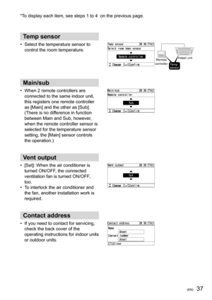 Page 3737(EN)
Temp sensor
•  Select the temperature sensor to 
control the room temperature.
Temp 
sensorRemote 
controllerIndoor unit
Main/sub
•  When 2 remote controllers are 
connected to the same indoor unit, 
this registers one remote controller 
as [Main] and the other as [Sub]. 
(There is no difference in function 
between Main and Sub, however, 
when the remote controller sensor is 
selected for the temperature sensor 
setting, the [Main] sensor controls 
the operation.)
Vent output
•  [Set]: When the...