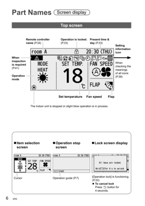 Page 66(EN)
Top screen
  Operation stop 
screen   Item selection 
screen   
Lock screen display
Remote controller 
name (P.34)Operation is locked. 
(P.33)Present time & 
day (P.33)
Setting 
information 
icon
When 
checking the 
meanings 
of all icons 
(P.39)
Operation guide (P.7) Cursor Operation 
mode
Set temperature Fan speed Flap
[Operation lock] is functioning.
(P.33)
  To cancel lock
Press 
 button for 
4 seconds. The indoor unit is stopped or slight blow operation is in process. When 
inspection 
is...