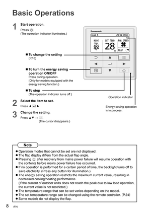 Page 88(EN)
Basic Operations
1
Start operation.
Press 
.(The operation indicator illuminates.)
 
 To change the setting(P.10)
 
 To turn the energy saving 
operation ON/OFF
Press during operation.
(Only for models equipped with the 
energy saving function.)
 
 To stop(The operation indicator turns off.)
2
Select the item to set.
Press ◄  ►.
3
Change the setting.
Press ▲▼  →  .
(The cursor disappears.)
Energy saving operation 
is in process.
Operation indicator
Note
 
 Operation modes that cannot be set are...