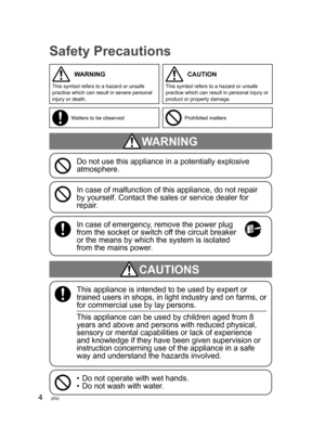 Page 44(EN)
Safety Precautions
CAUTIONS
This appliance is intended to be used by expert or 
trained users in shops, in light industry and on farms, or 
for commercial use by lay persons.
This appliance can be used by children aged from 8 
years and above and persons with reduced physical, 
sensory or mental capabilities or lack of experience 
and knowledge if they have been given supervision or 
instruction concerning use of the appliance in a safe 
way and understand the hazards involved.
WARNING
Do not use...