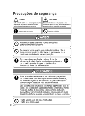 Page 3434(PT)
Precauções de segurança
CUIDADOS
Este aparelho destina-se a ser utilizado por peritos 
ou utilizadores com formação em estabelecimentos, 
na indústria ligeira e em quintas, ou para utilização 
comercial por pessoas não especializadas.
Este aparelho pode ser utilizado por crianças a partir dos 8 anos de 
idade e por pessoas com capacidades físicas, sensoriais ou mentais 
reduzidas, ou falta de experiência e conhecimento, se tiverem 
supervisão ou tiverem recebido instruções relacionadas com o uso...