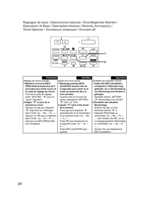 Page 2424
Réglages de base / Operaciones básicas / Grundlegender Betrieb / 
Operazioni di Base / Operações básicas / Βασικές Λειτουργίες / 
Temel İşlemler / Основные операции / Основні дії
FRANÇAISRéglage de l’heure actuelle
1 Maintenir la touche [SET] 
(RÉGLAGE) pressée plus de 2 
secondes pour entrer le jour et 
le mode de réglage de l’heure.
Une fois le mode de réglage 
entré, “SETTING”, “▼” (jour) et 
“heure” clignotent.
2 Régler “▼” au jour de la 
semaine en cours.
Appuyer sur [▲] pour déplacer 
“▼”...