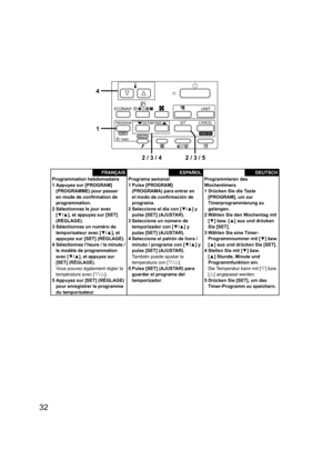 Page 3232
FRANÇAISProgrammation hebdomadaire
1 Appuyez sur [PROGRAM] 
(PROGRAMME) pour passer 
en mode de conﬁ rmation de 
programmation.
2 Sélectionnez le jour avec 
[▼/▲], et appuyez sur [SET] 
(RÉGLAGE).
3 Sélectionnez un numéro de 
temporisateur avec [▼/▲], et 
appuyez sur [SET] (RÉGLAGE).
4 
Sélectionnez l’heure / la minute / 
le modèle de programmation 
avec [
▼/▲], et appuyez sur 
[SET] (RÉGLAGE).
Vous pouvez également régler la 
température avec [V/U].
5 Appuyez sur [SET] (RÉGLAGE) 
pour enregistrer le...