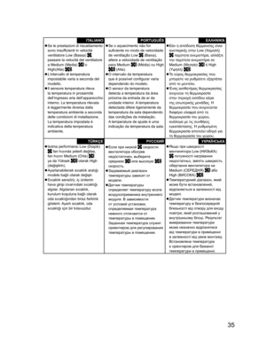 Page 3535
ITALIANO  zSe le prestazioni di riscaldamento 
sono insufﬁ cienti in velocità 
ventilatore Low (Bassa) 
, 
passare la velocità del ventilatore 
a Medium (Media) 
 o 
High(Alta) .
  zL’intervallo di temperatura 
impostabile varia a seconda del 
modello.
  zIl sensore temperatura rileva 
la temperatura in prossimità 
dell’ingresso aria dell’apparecchio 
interno. La temperatura rilevata 
è leggermente diversa dalla 
temperatura ambiente a seconda 
delle condizioni di installazione. 
La temperatura...