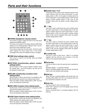 Page 1111
789
6 5 4
1
0. 2
SHIFT
3
Modify
PHONE
PATTERN
TITLE PLAY
INT PLAY
CANCEL
ME
DSKFADE
MIN
MAX
TIME
DR
Parts and their functions
PHONE (headphone volume) control
This control is used to adjust the level of the rear panel
headphone (PHONE) output.
The sound of the portion to be faded using the DSK/Fade
setting can be monitored before fading so that it can be
heard even when AudioFade is used.
The sound is output from the rear panel.  Since the audio
meter displays the Prog output level, it will remain...