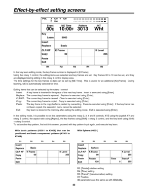 Page 4343
With Sphere (#6001)
Effect-by-effect setting screens
Pos. X 128 Y 128
Z 196
Event ME Time Pattern INT
00E10:00F3013 Wht
Key
Learn
CLR KF
CopyK Frame
00K Level
255
Insert
Replace Basic
Paste
Exit9000
In the key learn editing mode, the key frame number is displayed in [K Frame].
Using the rotary 1 control, the editing items are selected and key frames are set.  Key frames 00 to 19 can be set, and they
are displayed during editing in the rotary 2 control display area.
The time settings for the key frames...