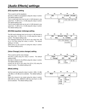 Page 5050
[Audio Effects] settings
[EQ Mid] equalizer midrange setting
The [M Level] midrange level can be set in 2 dB intervals to
any value from –14 dB to 0 to +14 dB using the rotary 3
control.  The default setting is [0].
The midrange frequency can be set to any value from 100
Hz to 10.2 kHz using the rotary 4 control.  The default
setting is 1.01 kHz.
Select [0.5], [1], [2] or [5] for Q using the rotary 5 control.
The default setting is [0.5].
[Voice Change] (voice changer) setting
This is used to set the...