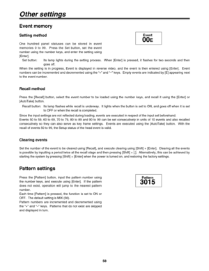 Page 5858
Other settings
Setting method
One hundred panel statuses can be stored in event
memories 0 to 99.  Press the Set button, set the event
number using the number keys, and enter the setting using
[Enter].
Event memory
Event
00E
Press the [Pattern] button, input the pattern number using
the number keys, and execute using [Enter].  If the pattern
does not exist, operation will jump to the nearest pattern
number.
Each time [Pattern] is pressed, the function is set to ON or
OFF.  The default setting is MIX...