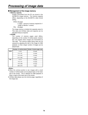 Page 7676
Processing of image data
∫ Management of the image memory
≥Memory capacity
Images transmitted from the PC are stored in the
AG-MX70’s image memory.  The memory capacity
differs, depending on the AG-MX70’s video format
setting.
NTSC: 30 pages
(1 page = amount of memory required for 1
image on Monitor 1 screen)
PAL: 26 pages
The image memory is divided into separate areas for
Title data and IntVideo data and capacity can be
allocated freely as required.
≥DIVIDE
The number of memory pages used differs,...