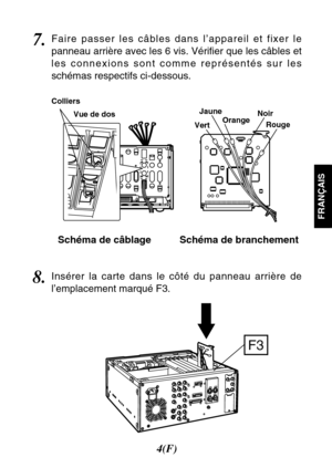 Page 154(F)
FRANÇAIS
7.Faire passer les câbles dans l’appareil et fixer le
panneau arrière avec les 6 vis. Vérifier que les câbles et
les connexions sont comme représentés sur les
schémas respectifs ci-dessous.
Schéma de câblage Schéma de branchement
F3
8.Insérer la carte dans le côté du panneau arrière de
l’emplacement marqué F3.
VertJaune
OrangeNoir
Rouge Colliers
Vue de dos 