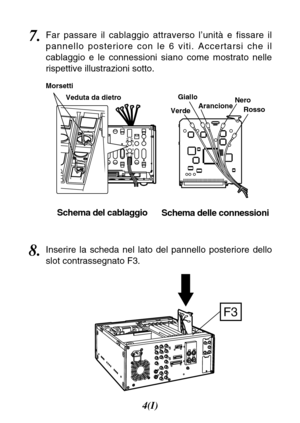 Page 204(I)
7.Far passare il cablaggio attraverso l’unità e fissare il
pannello posteriore con le 6 viti. Accertarsi che il
cablaggio e le connessioni siano come mostrato nelle
rispettive illustrazioni sotto.
Schema del cablaggio
Schema delle connessioni
F3
8.Inserire la scheda nel lato del pannello posteriore dello
slot contrassegnato F3.
VerdeGiallo
ArancioneNero
Rosso Morsetti
Veduta da dietro 