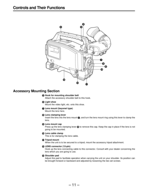 Page 11–11–
Accessory Mounting Section
iHook for mounting shoulder belt
Attach the accessory shoulder belt to this hook.
jLight shoe
Mount the video light, etc. onto this shoe.
kLens mount (bayonet type)
Mount the lens here.
lLens clamping lever
Insert the lens into the lens mount k, and turn the lens mount ring using this lever to clamp the
lens.
mLens mount cap
Press up the lens clamping lever l to remove this cap. Keep the cap in place if the lens is not
going to be mounted.
nLens cable clamp
This is for...