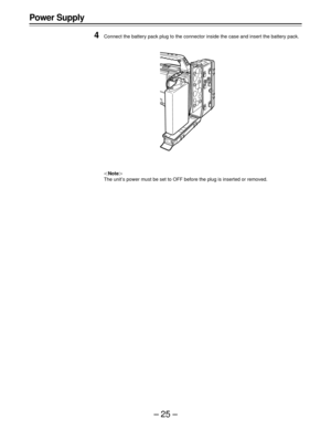 Page 25–25–
4Connect the battery pack plug to the connector inside the case and insert the battery pack.
|Note{
The unit’s power must be set to OFF before the plug is inserted or removed.
Power Supply 