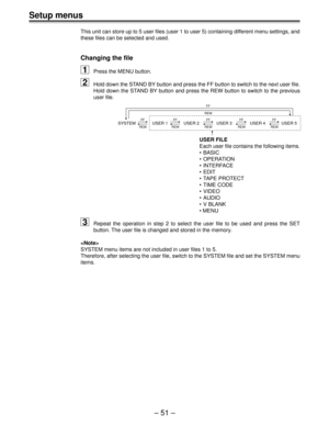 Page 51Ð 51 Ð
Setup menus
This unit can store up to 5 user files (user 1 to user 5) containing different menu settings, and
these files can be selected and used.
Changing the file
1Press the MENU button.
2Hold down the STAND BY button and press the FF button to switch to the next user file.
Hold down the STAND BY button and press the REW button to switch to the previous
user file.
SYSTEM USER 1 USER 2 USER 3 USER 4 USER 5FF
REWFF
REWFF
REWFF
REWFF
REW
FF
REW
USER FILE
Each user file contains the following...