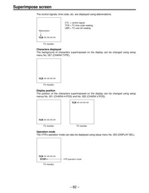 Page 82Ð 82 Ð
Superimpose screen
The control signals, time code, etc. are displayed using abbreviations.
TCR  :::
CTL  = control signal
TCR = TC time code reading
UBR = TC user bit reading
Abbreviation
TV monitor
Characters displayed
The background of characters superimposed on the display can be changed using setup
menu No. 007 (CHARA TYPE).
TCR  :::
TV monitor
Display position
The position of the characters superimposed on the display can be changed using setup
menus No. 001 (CHARA H-POS) and No. 002 (CHARA...