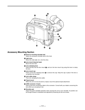 Page 11–11–
Accessory Mounting Section
Hook for mounting shoulder belt
Attach the accessory shoulder belt to this hook.
Light shoe
Mount the video light, etc. onto this shoe.
Lens mount (bayonet type)
Mount the lens here.
Lens clamping lever
Insert the lens into the lens mount , and turn the lens mount ring using this lever to clamp
the lens.
	Lens mount cap
Press up the lens clamping lever  to remove this cap. Keep the cap in place if the lens is
not going to be mounted.

Lens cable clamp
This is for...
