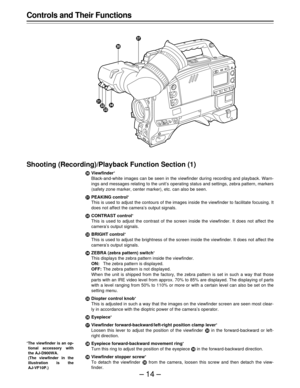 Page 14–14–
Controls and Their Functions
Shooting (Recording)/Playback Function Section (1)
 Viewfinder
Black-and-white images can be seen in the viewfinder during recording and playback. Warn-
ings and messages relating to the unit’s operating status and settings, zebra pattern, markers
(safety zone marker, center marker), etc. can also be seen.
!PEAKING control
This is used to adjust the contours of the images inside the viewfinder to facilitate focusing. It
does not affect the camera’s output signals....
