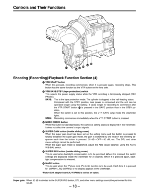 Page 18–18–
Controls and Their Functions
Shooting (Recording)/Playback Function Section (4)
5VTR START button
When this pressed, recording commences; when it is pressed again, recording stops. This
button has the same function as the VTR button on the lens side.
6VTR SAVE/STBY (tape protection) switch
This selects the power supply status while the VTR recording is temporarily stopped (REC
PAUSE).
SAVE:This is the tape protection mode. The cylinder is stopped in the half-loading status.
Compared with the STBY...