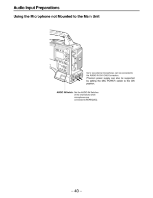 Page 40–40–
Audio Input Preparations
Using the Microphone not Mounted to the Main Unit
Up to two external microphones can be connected to
the AUDIO IN CH1/CH2 Connectors.
Phantom power supply can also be supported
by setting the MIC POWER switch to the ON
position.
AUDIO IN Switch:Set the AUDIO IN Switches
of the channels to which
microphones are
connected to REAR [MIC]. 
